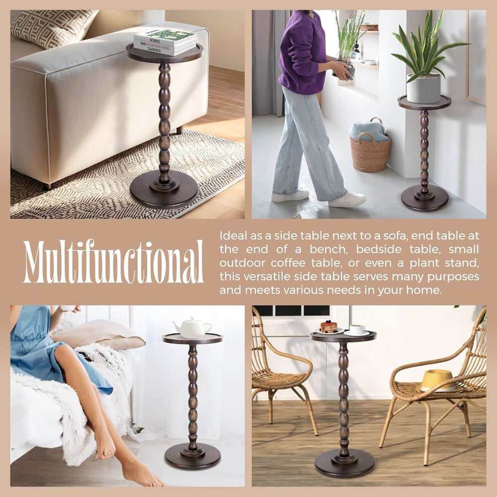 Solid Wood Round Pedestal Side Table with Tray-Top Rim – Bobbin Turned Accent...