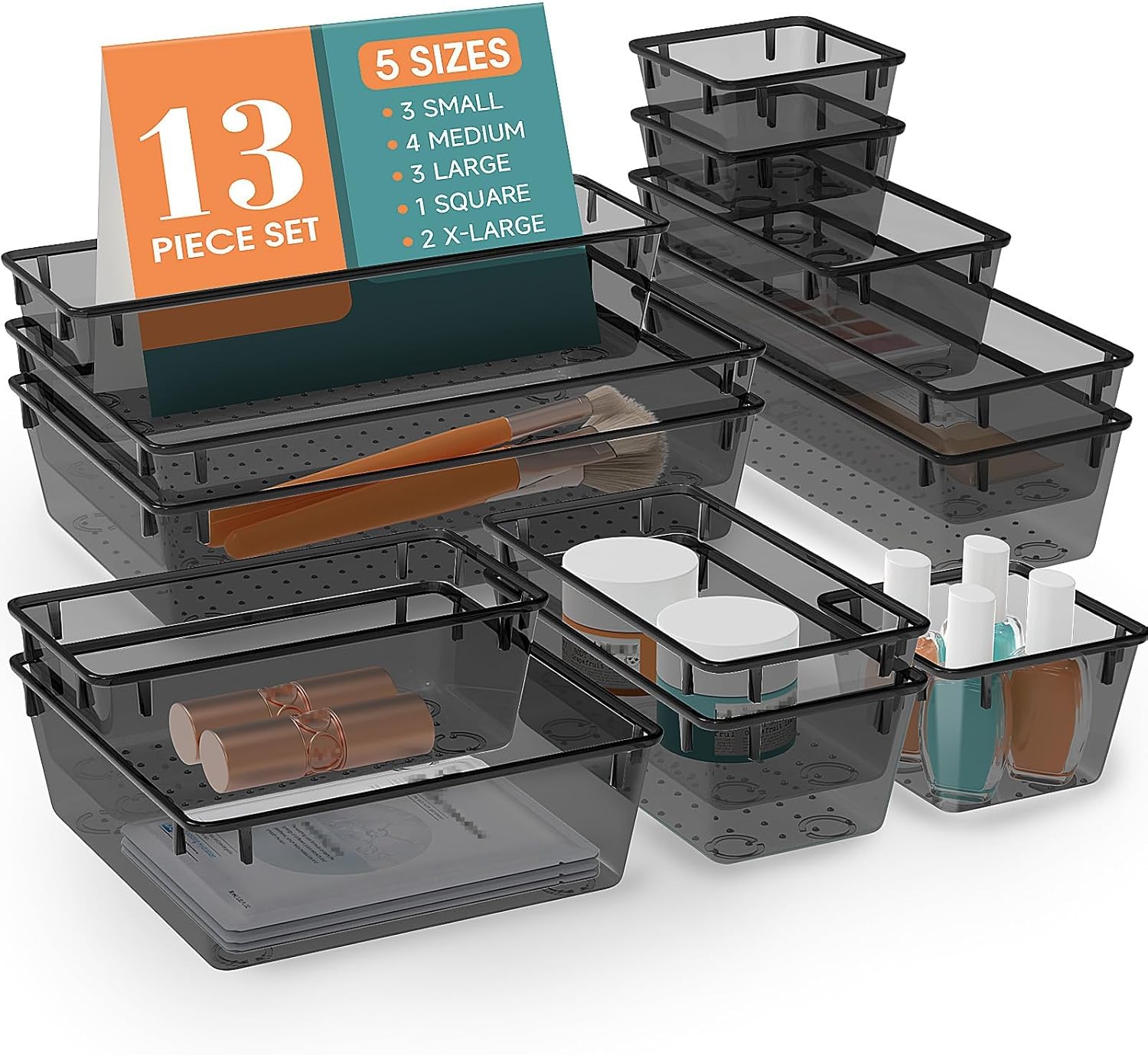 13 PCS Drawer Organizer Set, 5 Varied Size Bathroom and kitchen Drawer cabinet organizer Trays, Clear Storage Bins for Makeup, Jewelry, Utensils and Gadgets, Black