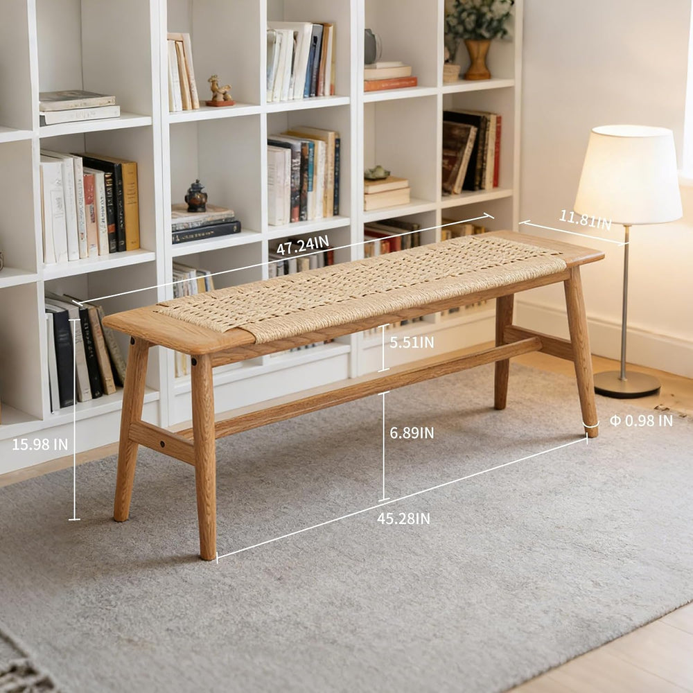 47 Inch Boho Dining Bench Solid Oak with Hand Woven Rattan - Skinny Narrow Be...