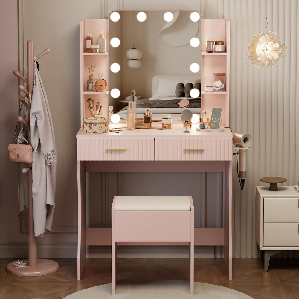 Otterease 31" Makeup Vanity Desk with LED Mirror and Storage Stool, Pink...