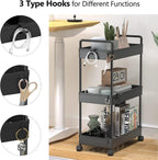 SOLEJAZZ 3 Tier Rolling Storage Cart with Wheels Slim Craft Nail Makeup Snack Art Baby Utility Cart Organizer on 2 Lockable Wheels for Bathroom Laundry Room Kitchen Bedside Narrow Spaces, Black