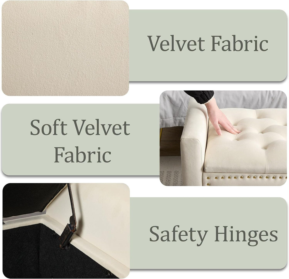 47in Velvet Storage Ottoman Bench with Arms, Upholstered Storage Bench with W...