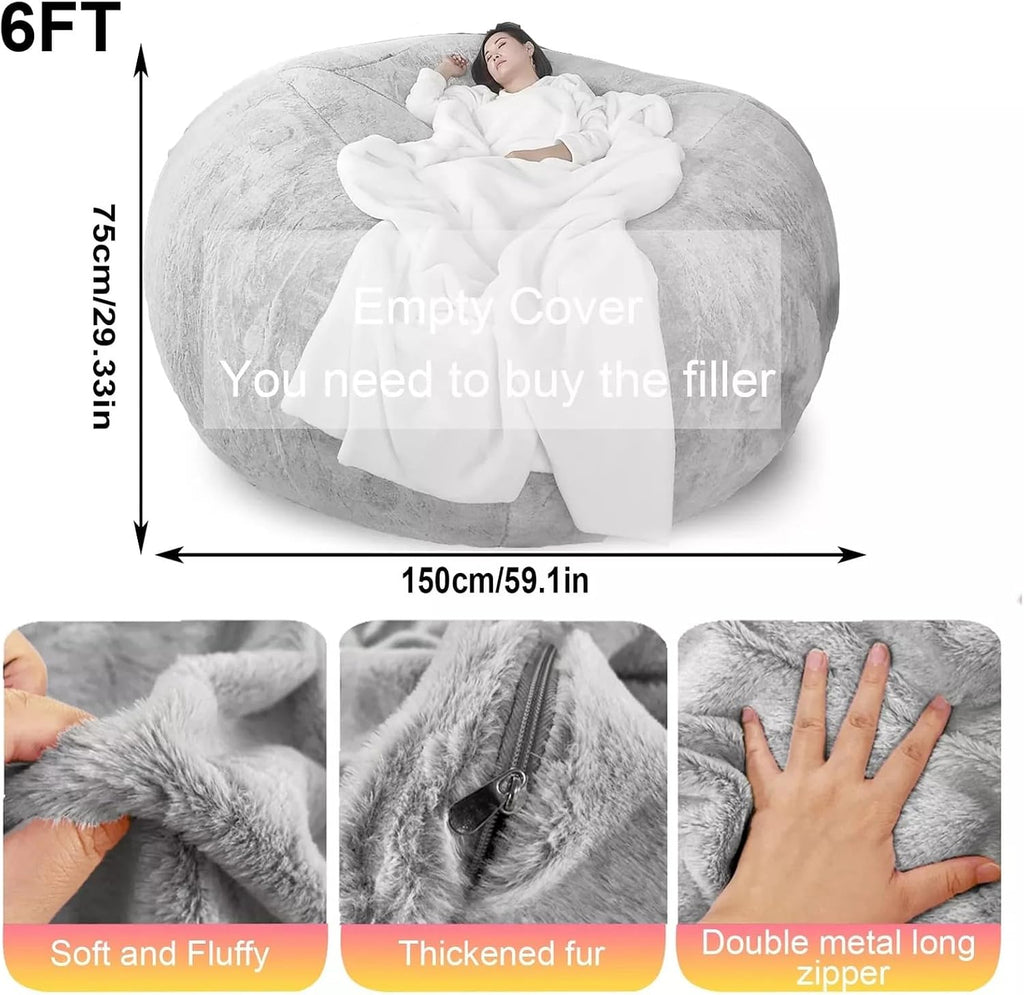 Bean Bag Chairs for Adults Covers 6FT No Filler Huge Large Fluffy Bean Bag Adult Storage Sitting Chairs 2 Seater or 4 Seater for Living Room and Gaming Room Bean Bag Soft Chairs Light Grey