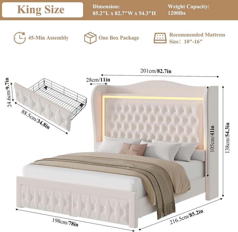 King Bed Frame 55" Tall Headboard with LED Lights, Buttons Tufted Velvet...