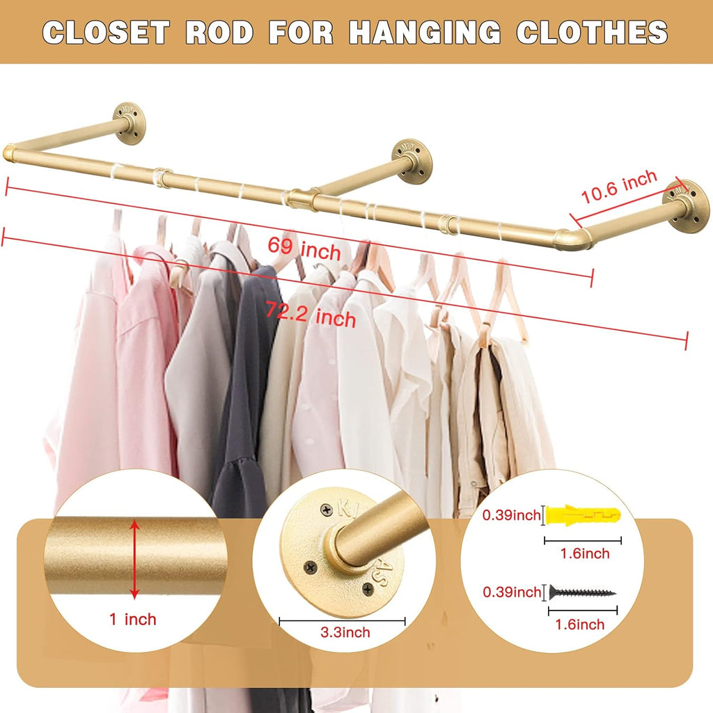 Wall Industrial Pipe Clothes Racks, DIY Floating Hanger Rustic Home Pipe Decor, Mounted Closet Storage Organizer Holder Systems, Heavy Duty Garment Rod Pole For Cloakrooms Bathroom Black Iron