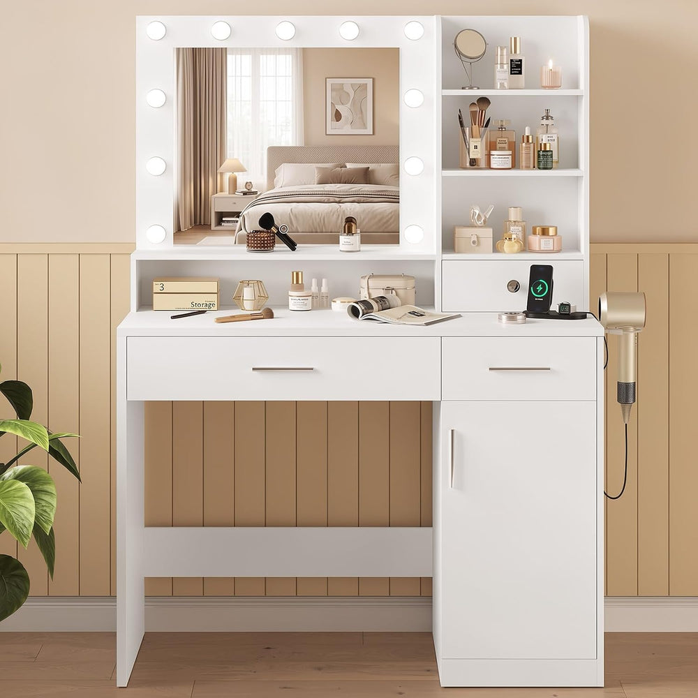 DUMOS Makeup Vanity Desk with Mirror and Lights, Storage Shelves | Power Outl...