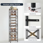 12-Tier Narrow Shoe Rack, Tall Shoe Rack for 12-24 Pairs, Slim Shoe Storage Organizer with Wooden Top, Space Saving, Metal Frame, for Entryway, Rustic Brown and Black SS61BR