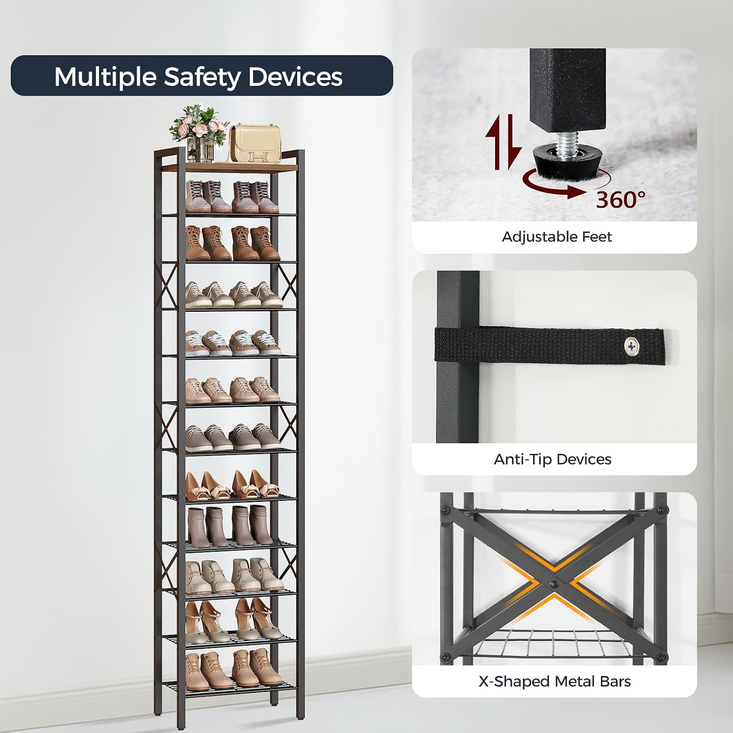 12-Tier Narrow Shoe Rack, Tall Shoe Rack for 12-24 Pairs, Slim Shoe Storage Organizer with Wooden Top, Space Saving, Metal Frame, for Entryway, Rustic Brown and Black SS61BR