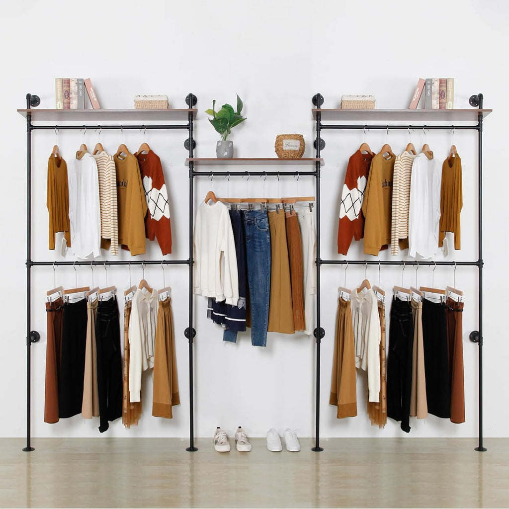 Industrial Iron Pipe Clothing Rack, 40inch Black Vintage Retro Shelving Wall Mounted DIY Garment Rack Rustic Farmhouse Kitchen Storage