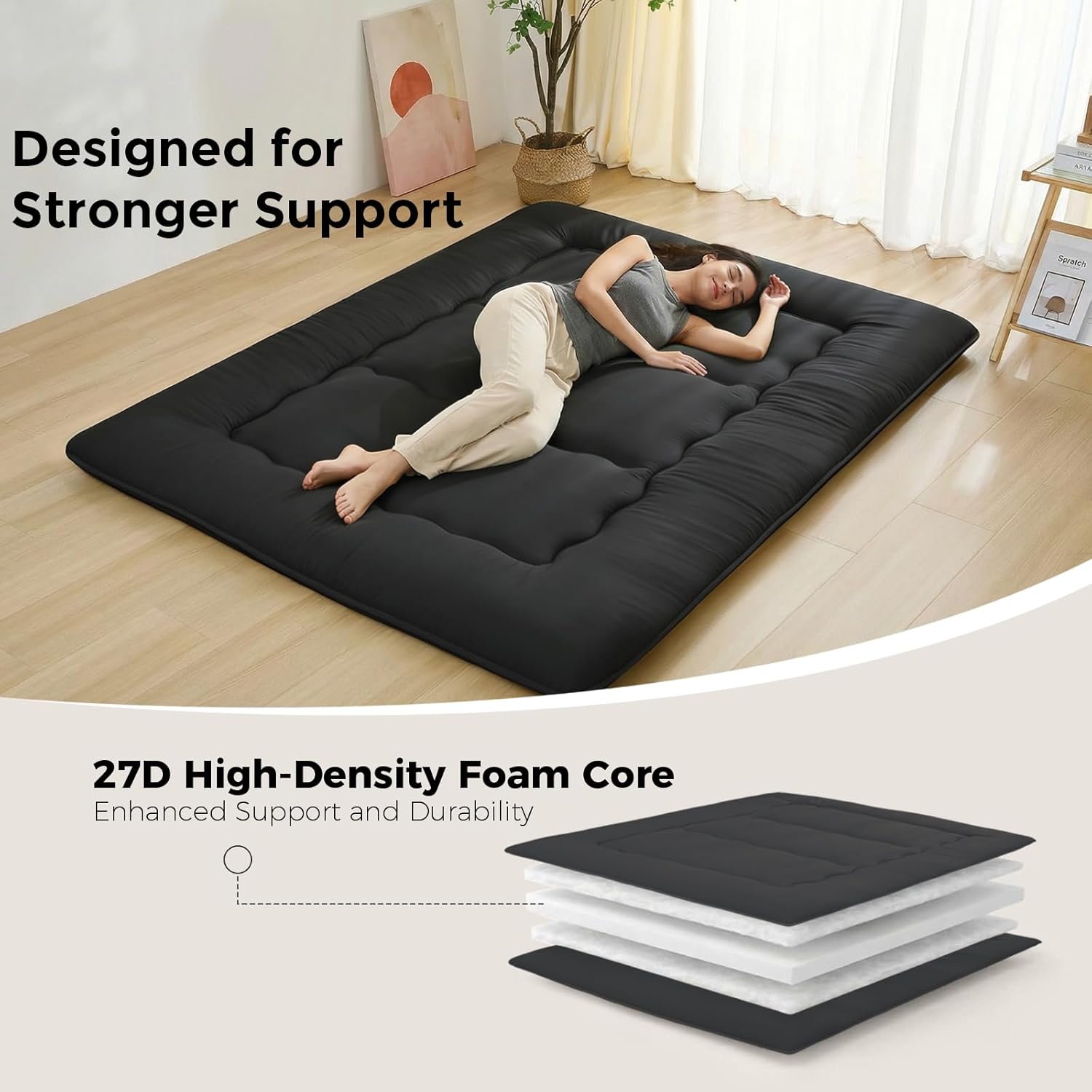 XICIKIN 2.5" Japanese Floor Mattress, Foldable Floor Mattress with Washable Cover Japanese Futon for Camping, Guest (Black, Twin)