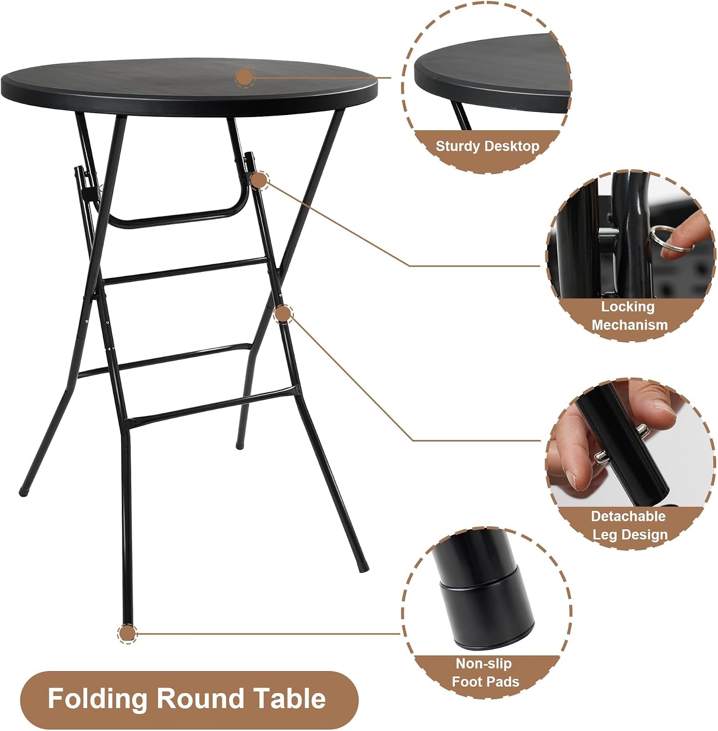 Cocktail Table, D32in x H43.3in Folding Round Cocktail Table High Top | Foldable, Removable Legs, Save Space, Easy Store, for Wedding, Party, Bar, Yard, Patio, Business Events (Black, Set of 1)