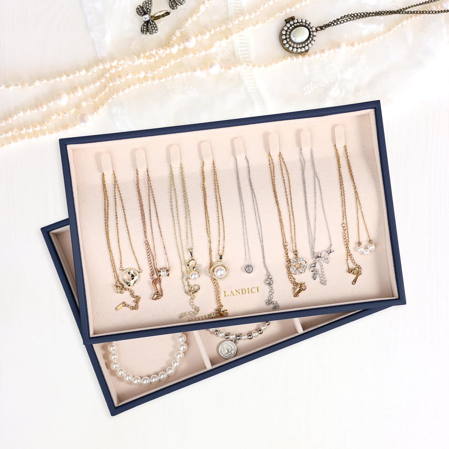 LANDICI Stackable Jewelry Organizer Trays 4 Set,PU Leather Jewelry Organizer Drawer,Jewelry Storage Display Tray for Earring Necklace Rings Bracelet with Removable Dividers,Dark Blue
