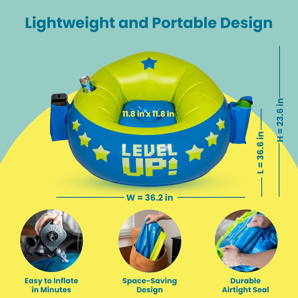Inflatable Gaming Chair for Kids – Supports Up to 300 lbs, Includes Air Pump, Cup Holder, 2 Pockets – Durable Bean Bag Seat, Comfy Kids Gaming Chair & Top Gamer Chairs for Kid Room