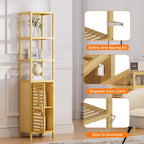 HITNET Bathroom Floor Cabinet, 6 Tier Tall Thin Linen Tower Storage Cabinet Free Standing Bamboo, Kitchen Side Organizer with 3 Shelves and Cupboard, Natural
