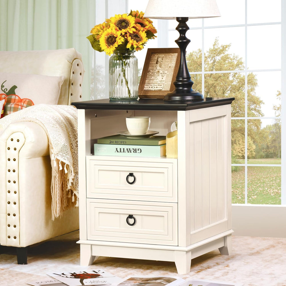 Farmhouse Nightstand, 24" Wooden Couch Side Table with 2 Drawers & O...