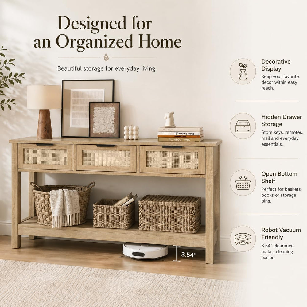 Luoxiao Rattan Console Table 3-Drawer 47" Narrow Wood Entryway Sofa Tabl...