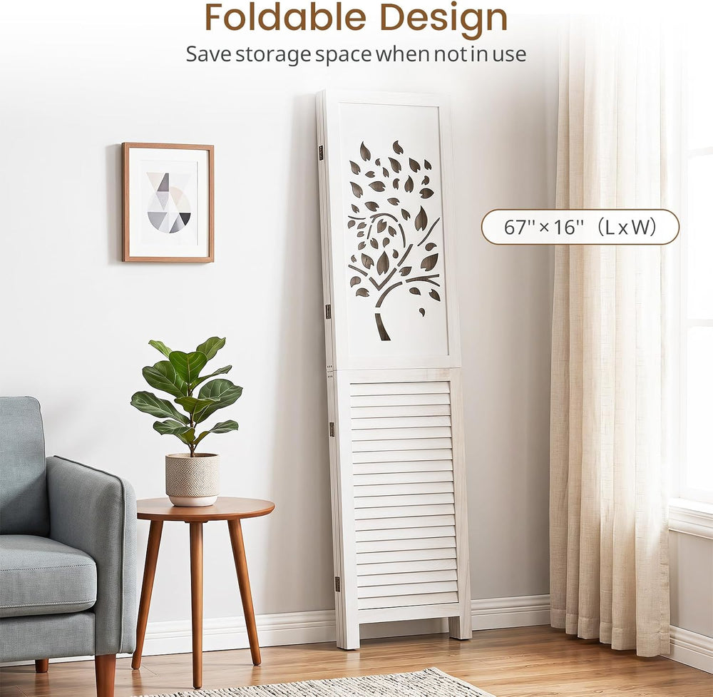 GIANTEX 3 Panel Folding Room Divider with Tree Leaf Cutout & Louvered Slats
