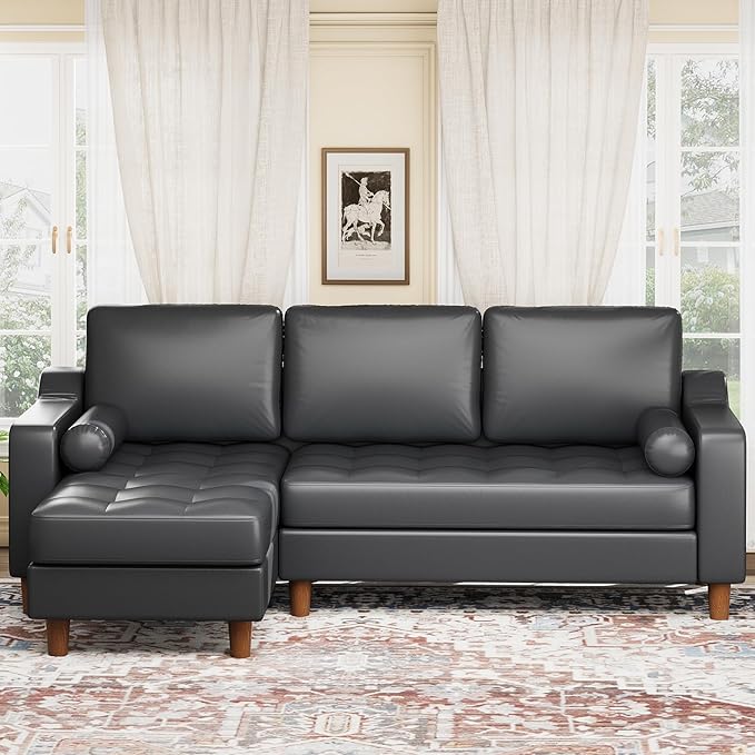 GarveeHome 88.9" L-Shape Couch with Convertible Chaise, Sectional Sofa with Deep Seat, Modern Mid-Century Leather Sofa for Living Room, 3 Seat Comfy Leather Couch, Black