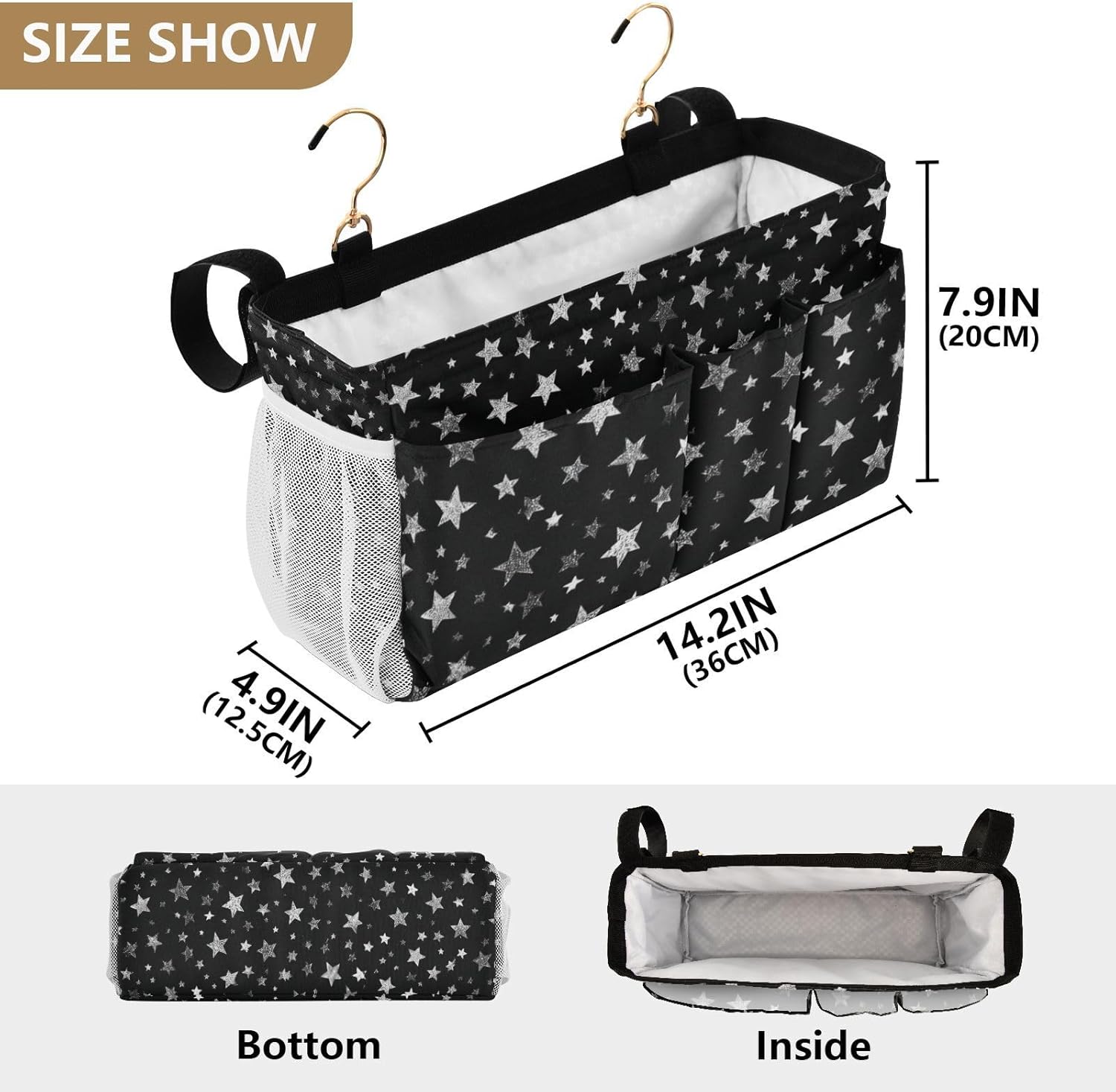 Sparkly Silver Stars Bedside Caddy for Dorm Bed Bedside Hanging Caddy Bag Iron Frame Storage Organizer Pocket for Bunk Home College Hospital Beds 2 Hooks