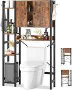 Over The Toilet Storage Cabinet with Doors - 7 Tier Bathroom Organizer with Adjustable Shelf, Freestanding Space Saver Rack Above Toilet Stand with 4 Hooks for Bathroom, Restroom, Laundry, Rustic