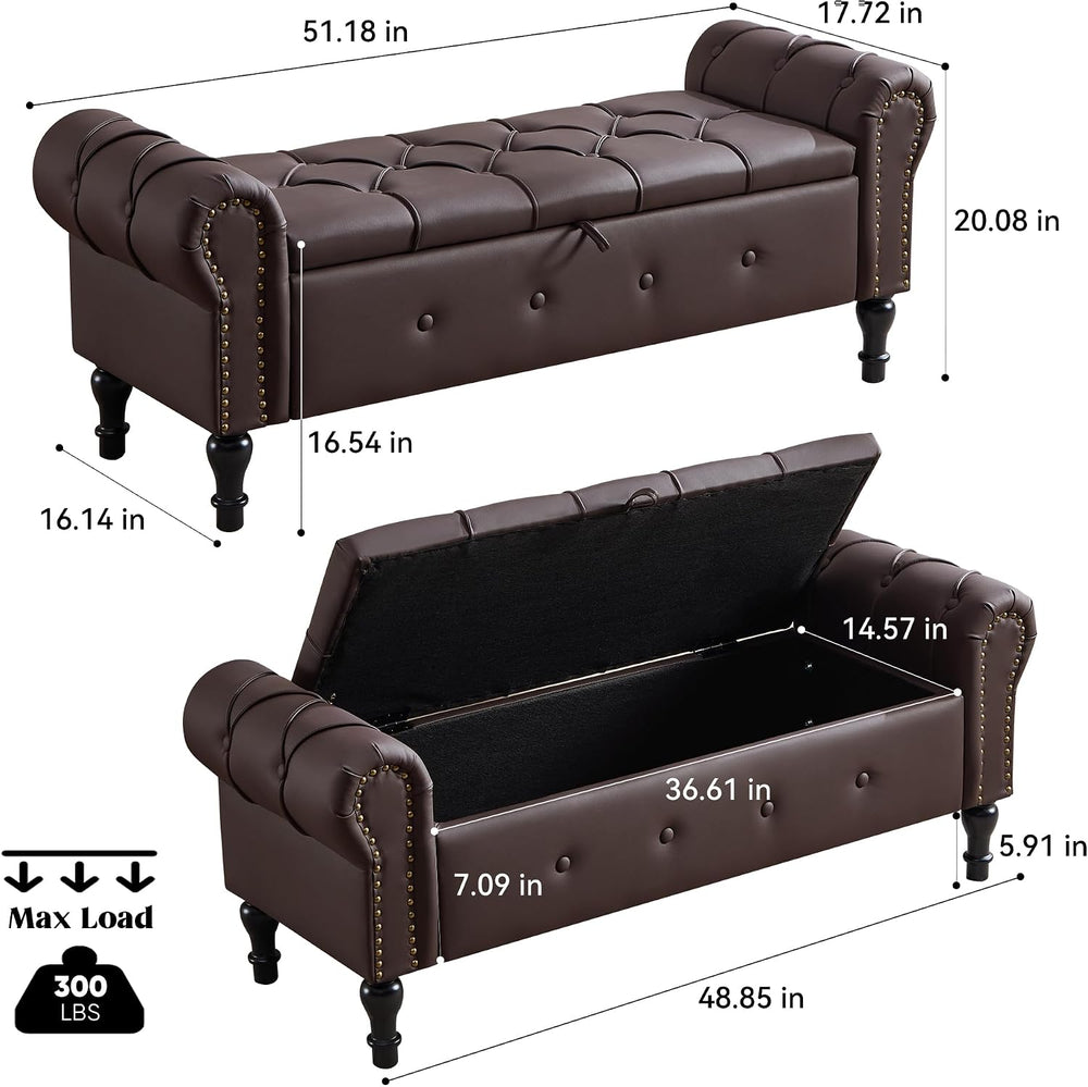 Storage Bench 51" Faux Leather End of Bed Benches Dark Brown | Queen Siz...