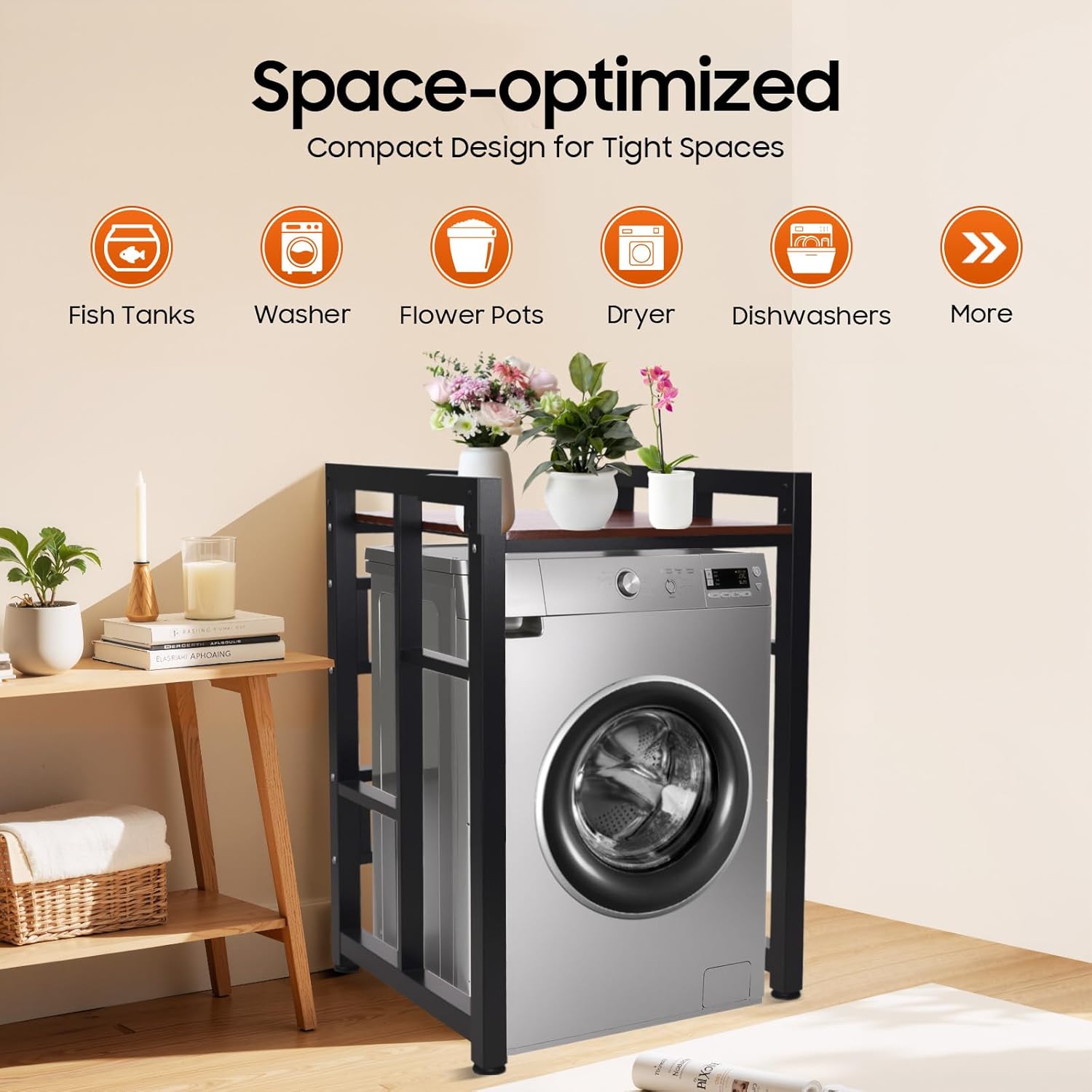 Washer Dryer Stacking Rack Stand, Heavy Duty Washer&Dryer Storage Shelves, Space Saver Stackable Storage Shelf for Laundry Room Apartments Bedrooms (Black, Teak Color)