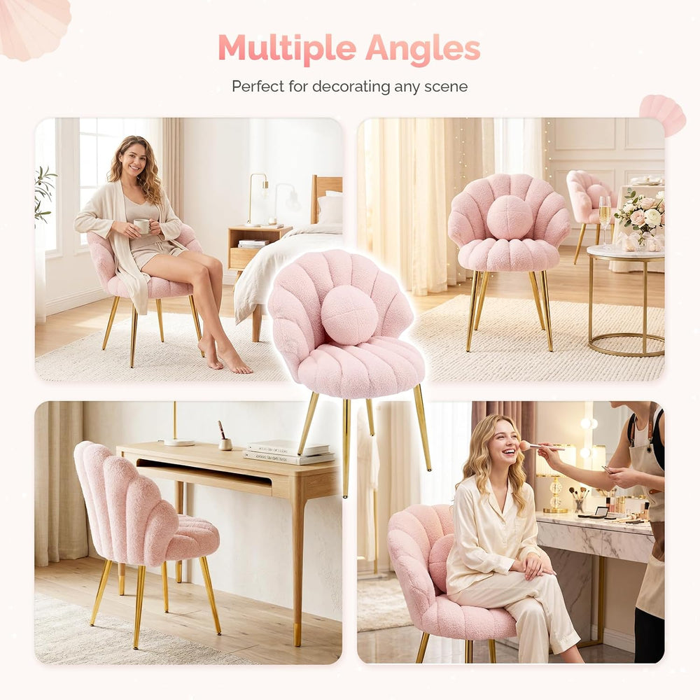 VINGLI Shell-Shaped Teddy Fleece Accent Vanity Chair with Back,Comfy Pink and...