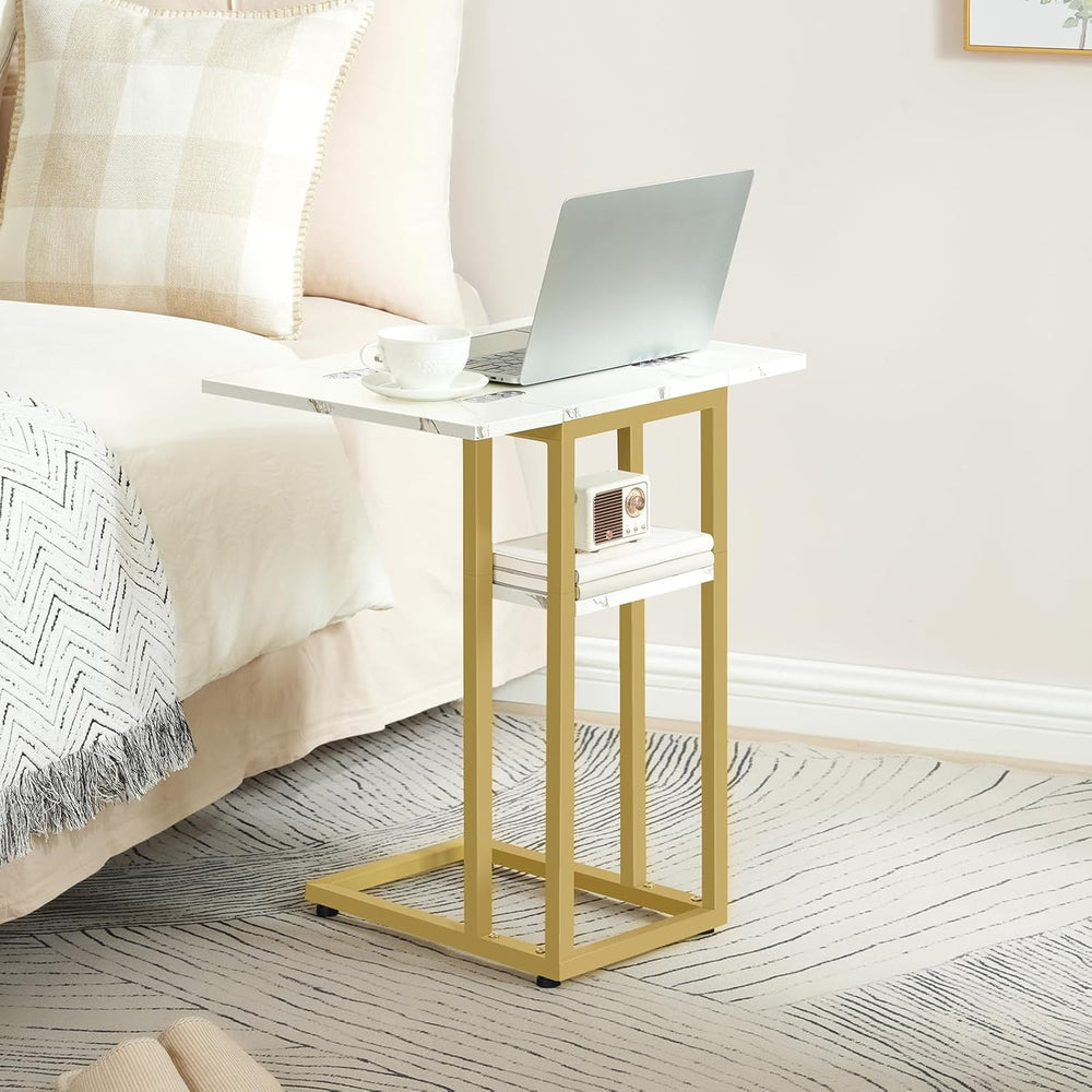HOOBRO Foldable End Table, Gold C Shaped Side Table with Shelf, Small Snack T...