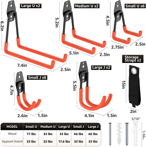 20 Pack Utility Steel Heavy Duty Wall Mount Garage Hooks,with Anti-Slip Coating,for Hanging Bikes,Ladder,Ropes,Bulk Items,Power,Yard and Garden Tools