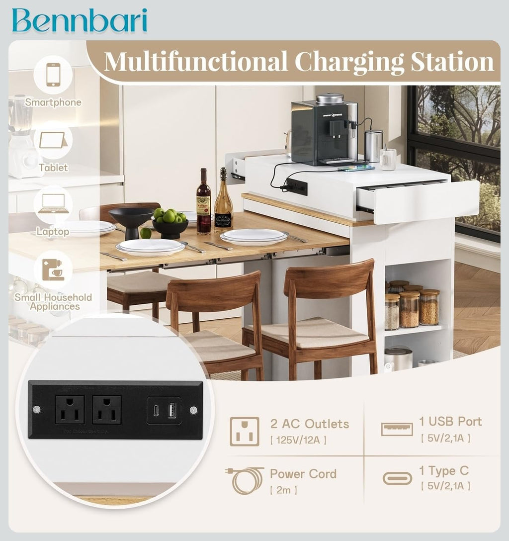 Kitchen Island with Extendable Dining Table, Bar Table with Folding Tabletop and Power Outlet, Storage Island with Drawers, Wheels and Hooks, Ships in 2 Boxes (Creamy White & Natural)