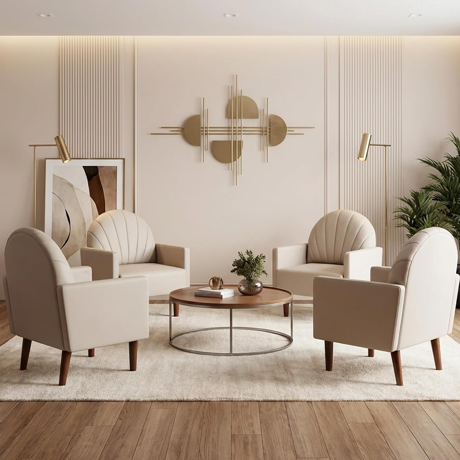Modern Accent PU Chair, Living Room Chair Upholstered Single Sofa Chair with 4 Sturdy Legs, Contemporary Reading Chair for Living Room, Reading Room, Bedroom (Cream with Shell backrest)