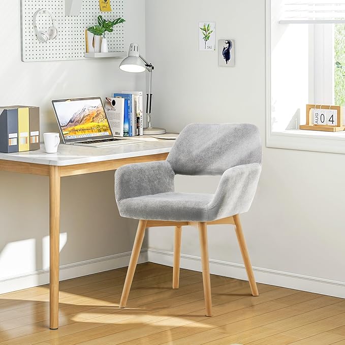 Desk Chair No Wheels Comfy Accent Chair for Living Dining Room Bedroom Vanity Chair Makeup Chair Home Office Mid Century Modern Upholstered Armchair Sofa (Gray, 1)