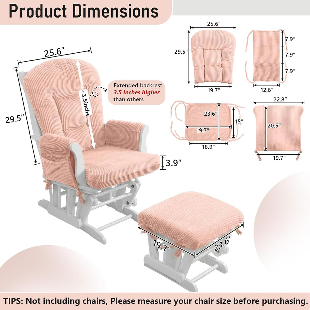 5PCS Glider Rocker Replacement Cushions with Storage Side Pockets, Pink