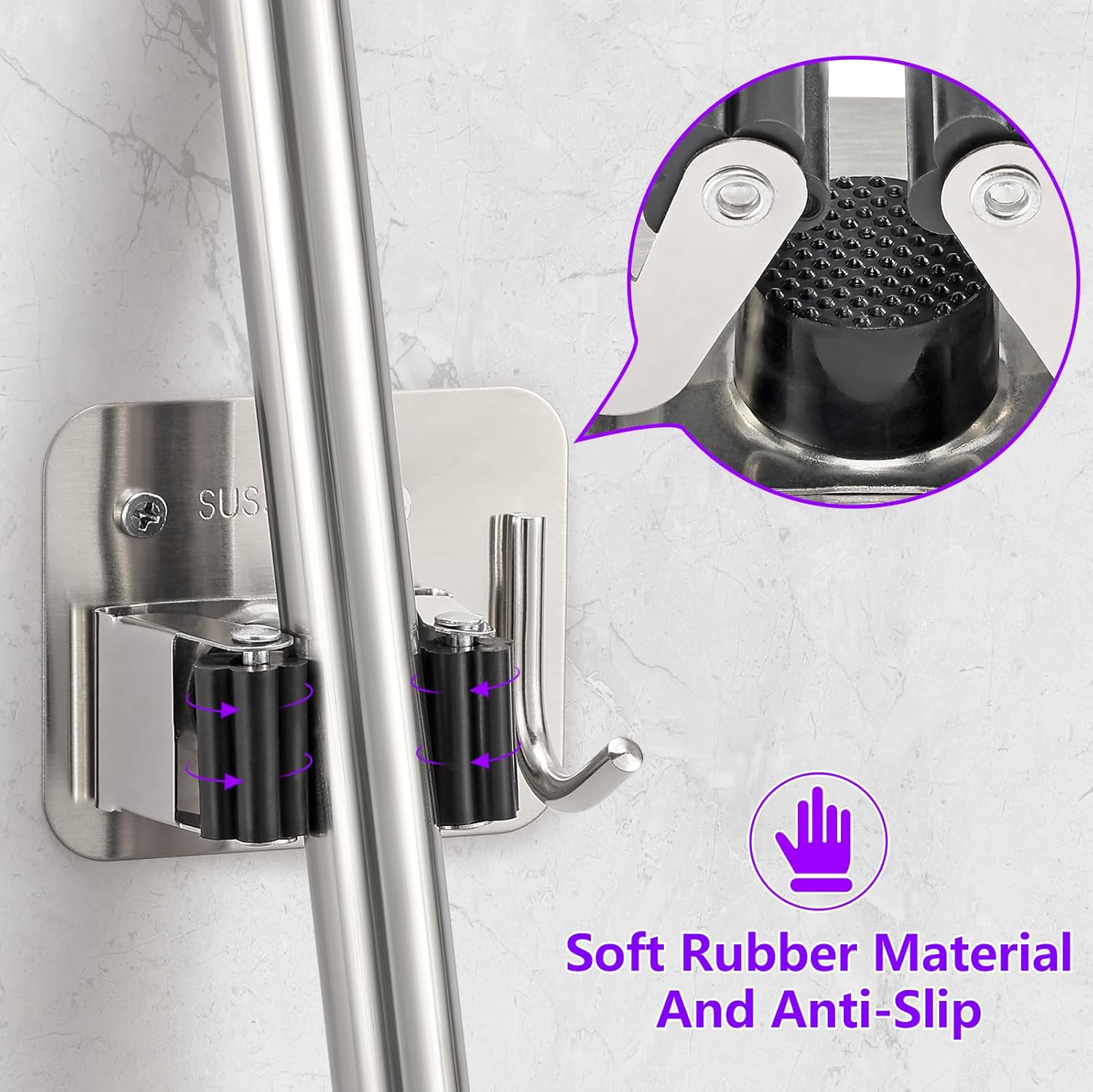 Broom Holder Wall Mount Screw Drilling, Sturdy Heavy Duty Stainless Steel Mop Gripper Rack Perforated, Perfect for Laundry Room Organizer, Fit with Laundry Kitchen Garage Garden Storage System