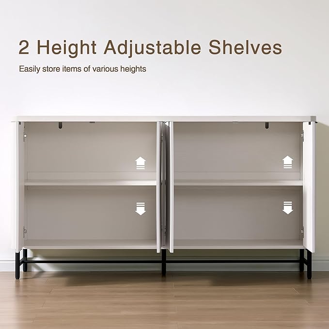65" Buffet Cabinet with Storage, Fluted Credenza Sideboard with 4 Doors & Adjustable Shelves, Large Coffee Bar Console Table for Dining Room, Living Room, Entryway, White