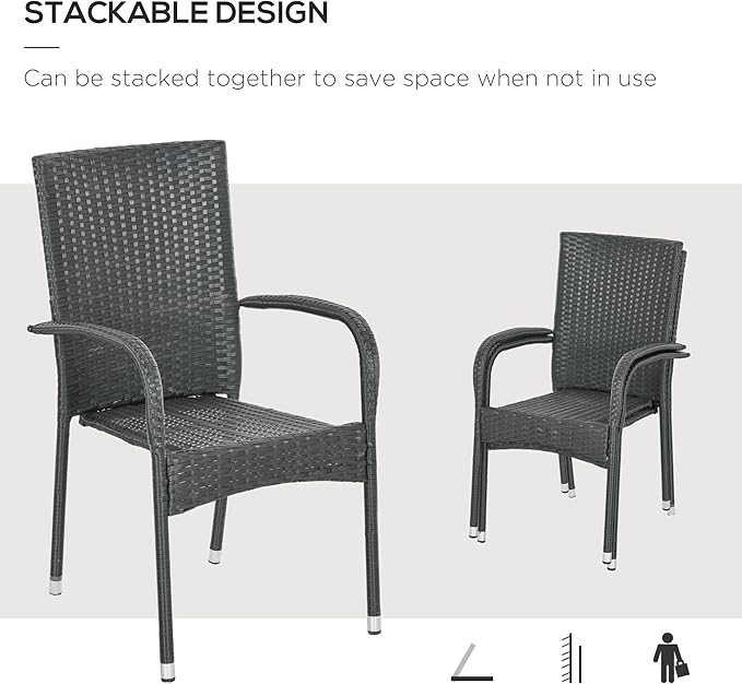 Outsunny Stackable PE Rattan Outdoor Dining Chairs with Cushions, Set of 4 Patio Wicker Dining Chairs with Armrests and Backrest for Patio, Deck, Cream White