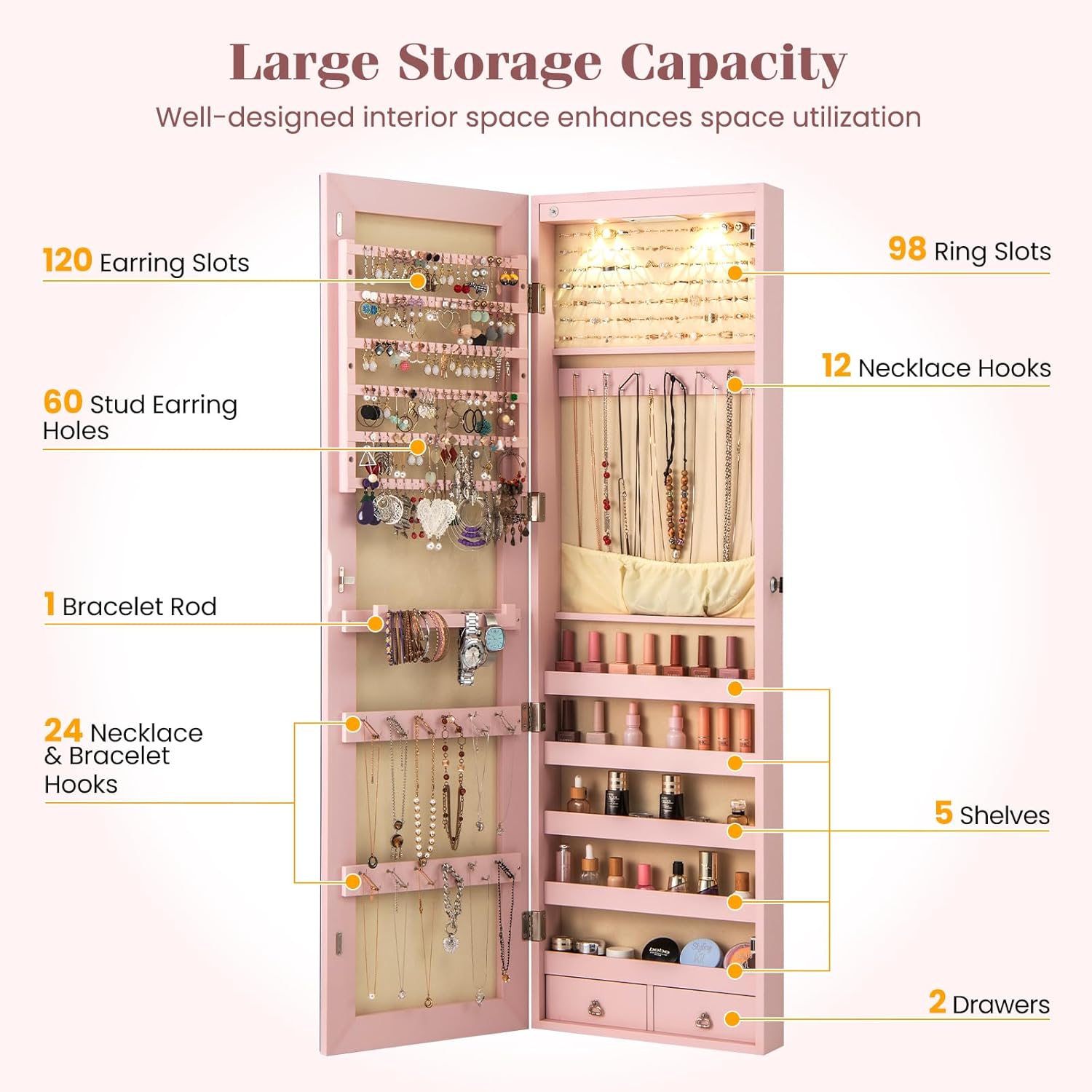 Giantex Wall Door Mounted Jewelry Armoire Cabinet with 47.5" Full Length Mirror, 2 LEDs Lockable Jewelry Organizers and Storage, Over the Door Jewelry Organizer Cabinet with 2 Drawers (Light Pink)