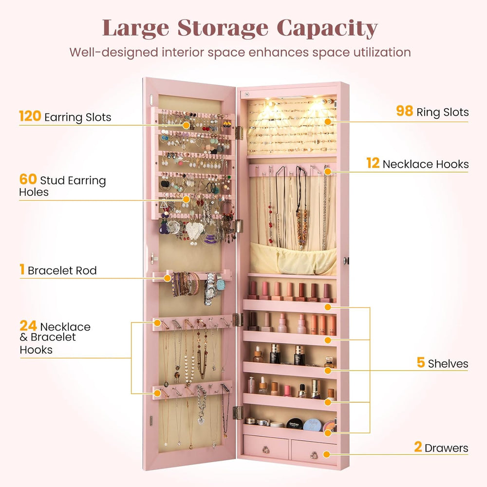 NAFORT 2 LEDs Jewelry Armoire with Full Length Mirror, Lockable Hanging Jewel...