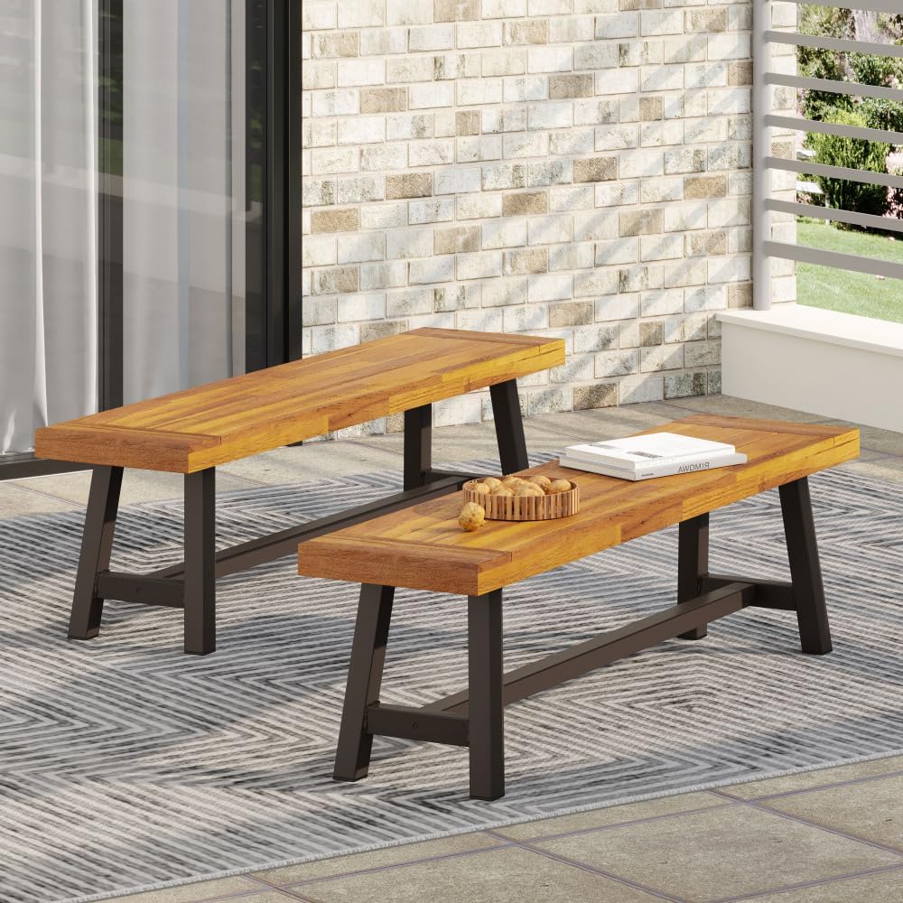 Saiveina Outdoor Carlisle Benches, Sandblasted Brown + Rustic Metal (Set of 2)