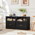 LEYAOYAO Fluted Farmhouse Nightstand Set of 2 with Charging Station, 23" Wide 2 Drawers End Table,Black Dresser for Bedroom,Bed Side Table Chest of Drawers Cabinet,Wood Night Stand for Living Room