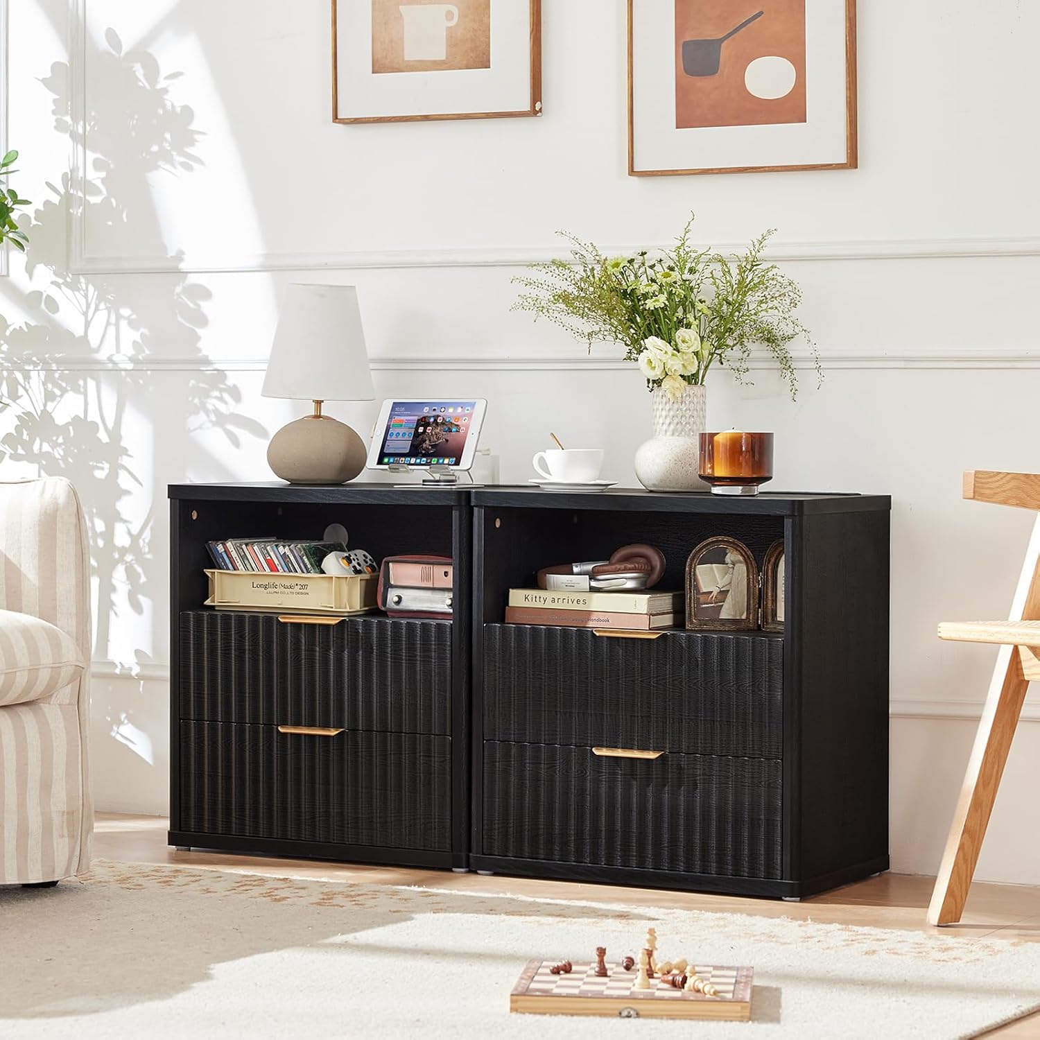 LEYAOYAO Fluted Nightstand with Charging Station, 23" Wide 2 Drawers End Table,Black Night Stand with Open Storage Cabinet, Farmhouse Bed Side Tables, Wood Dresser for Bedroom, Living Room, Closet
