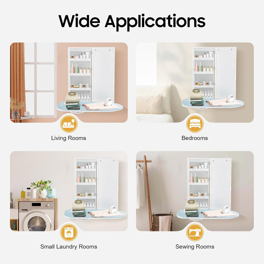 Wall Mounted Ironing Board with Storage Cabinet,Foldable Ironing Storage Station,Built in Foldable Ironing Board Closet with Storage