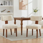 Modern Faux Fur Upholstered Dining Chairs Set of 2, Cream White Accent Side Chairs with Solid Wood Legs, Ergonomic Kitchen Chairs for Dining Room