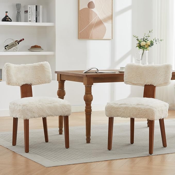 Dining ChairModern Faux Fur Upholstered Dining Chairs Set of 6, Cream White Accent Side Chairs with Solid Wood Legs, Ergonomic Kitchen Chairs for Dining Room (Plush, Set of 6)