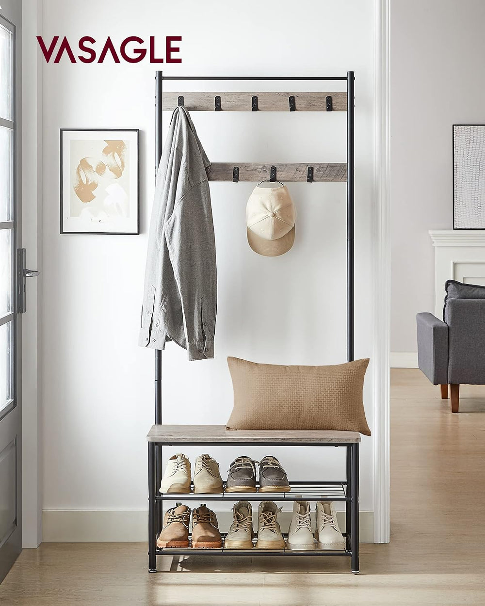 VASAGLE Coat Rack, Hall Tree with Shoe Storage Bench, 3-in-1, Steel Frame
