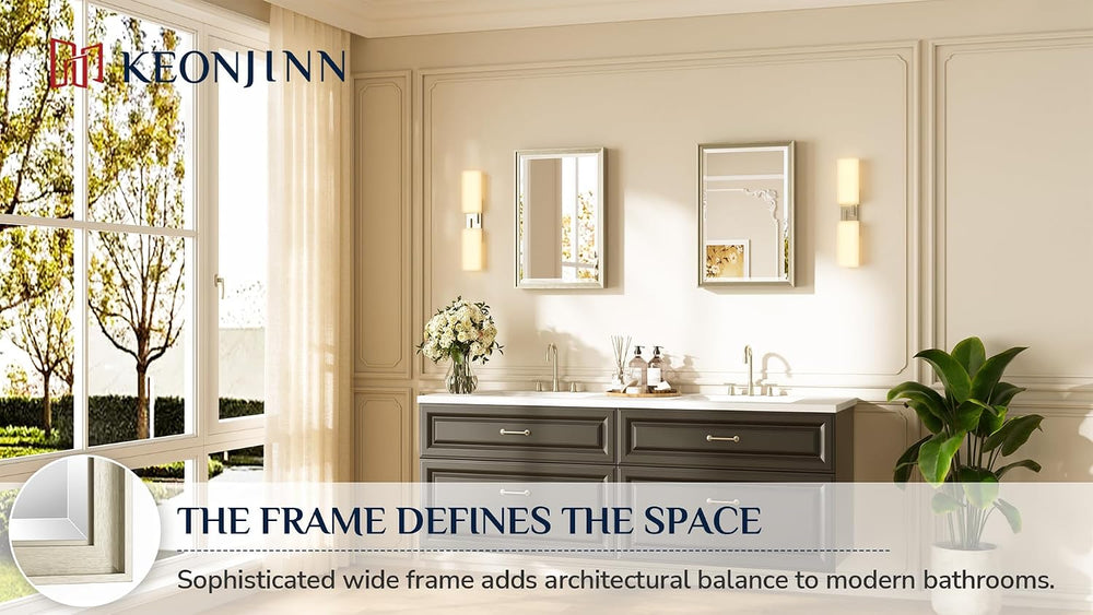 Keonjinn 16" x 24" Brushed Nickel Framed Mirror, Aluminum Alloy, De...