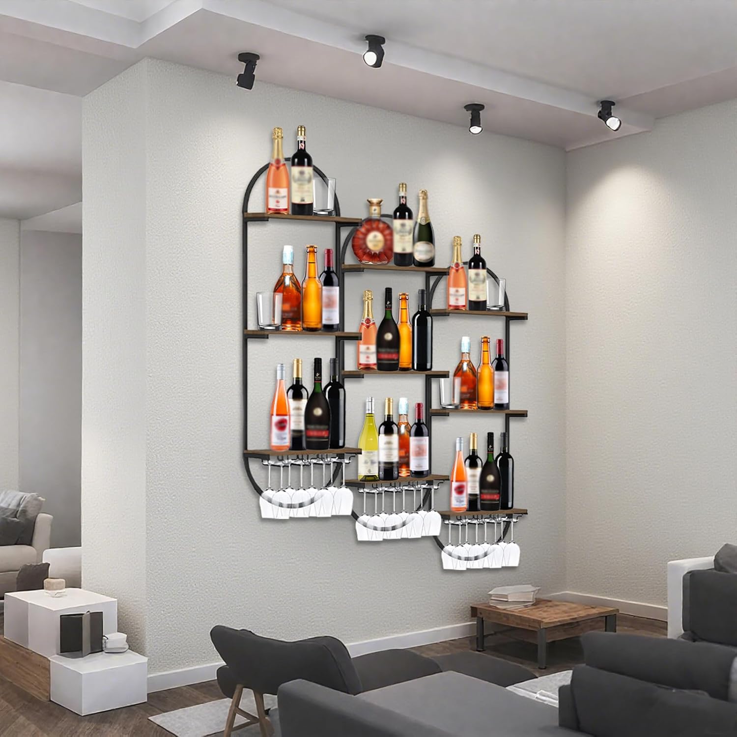 Wall Mount Wine Rack, 3-Tier Metal Oval Design Wine Rack Wall Mounted, Wine Bottle Holder for Home Bar, Wine Kitchen Storage Liquor, Champagne(Black, 2PCS)