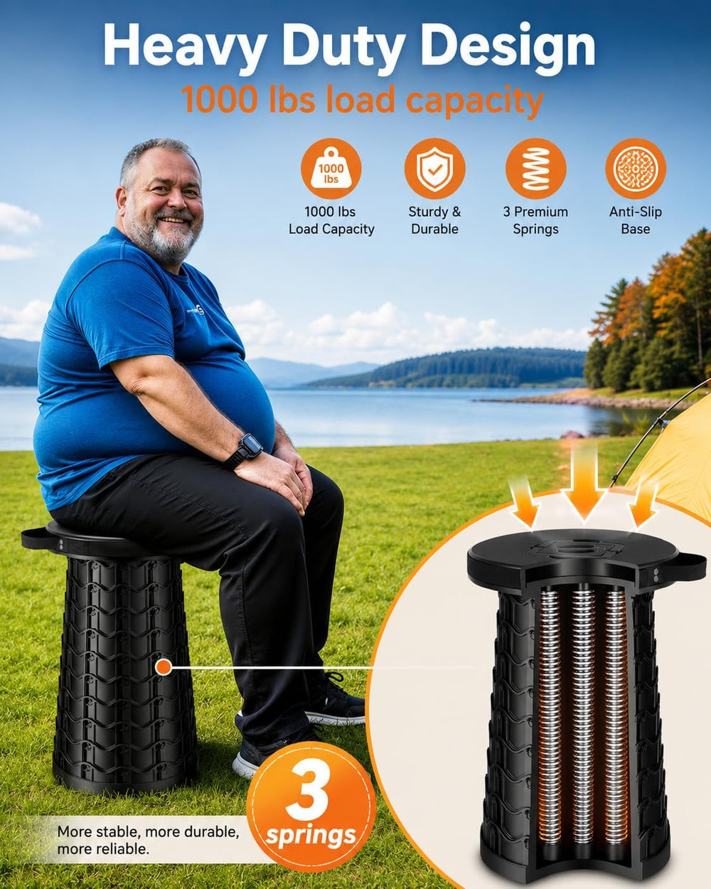 Portable Collapsible Stool with Lock for Camping, Fishing Black
