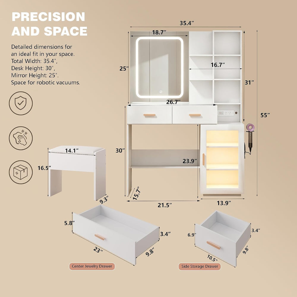 BZK White Makeup Vanity Desk with LED Lighted Mirror & Charging Station, ...