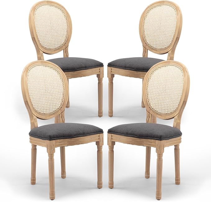 Rattan Back Upholstered Dining Chairs Set of 4 French Country Oval Kitchen Side Chairs with Wood Legs for Dining Room, Kitchen, Restaurant(Dark Grey-Rattan)